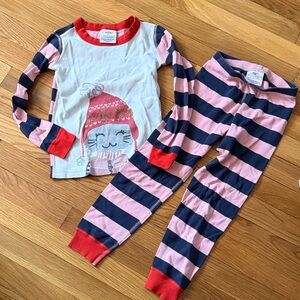 Hanna Andersson Pink & Navy Striped Kitty Pajama Set with Red Trim